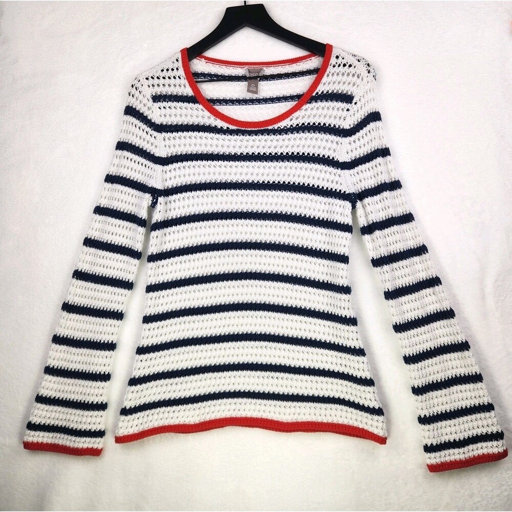 Chico's Cotton Open Knit Striped Sweater Size 0 Small Nautical Beach USA Capsule